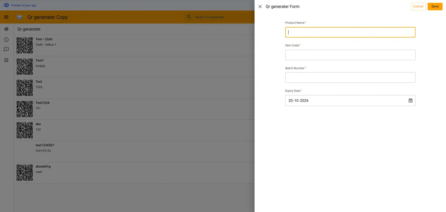 QR Product and Batch Records real application screenshot